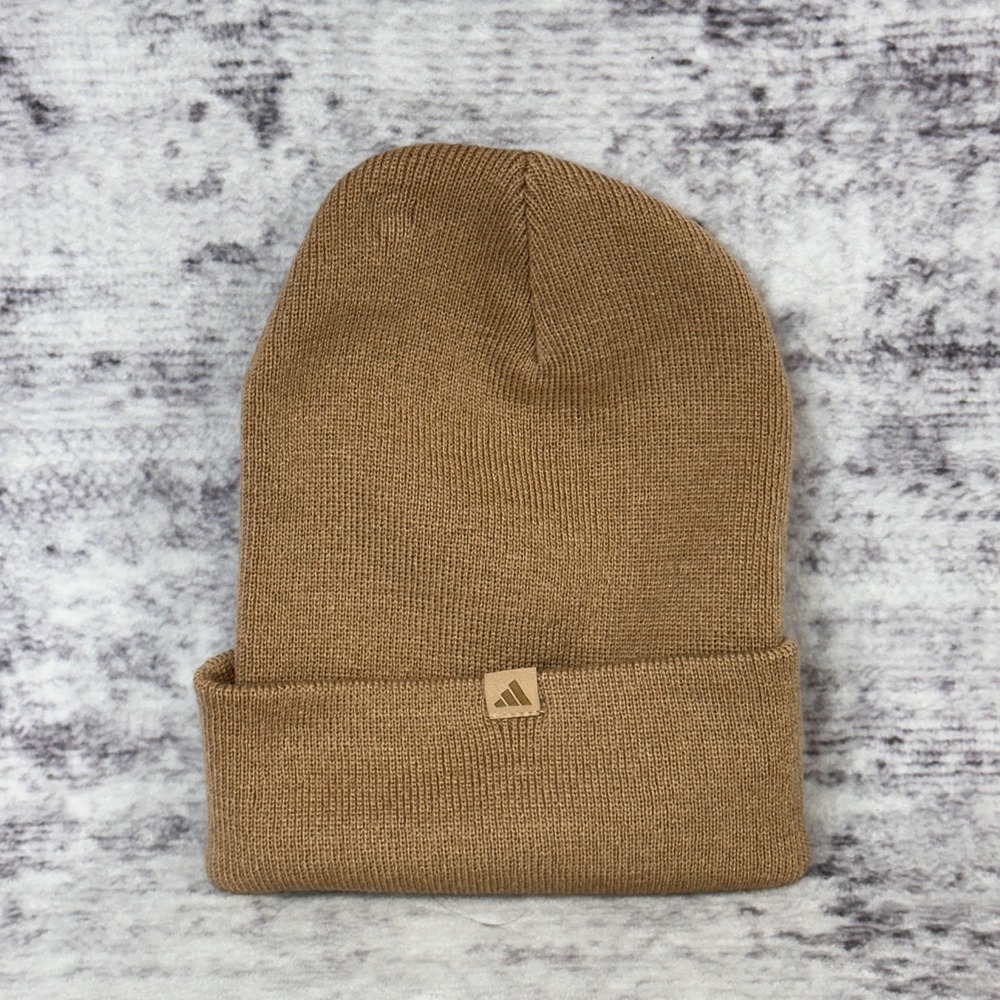 NWT Adidas Men's Postseason Fold Beanie Warm Sandstone Beige OSFA Rubber Logo - Picture 5 of 6